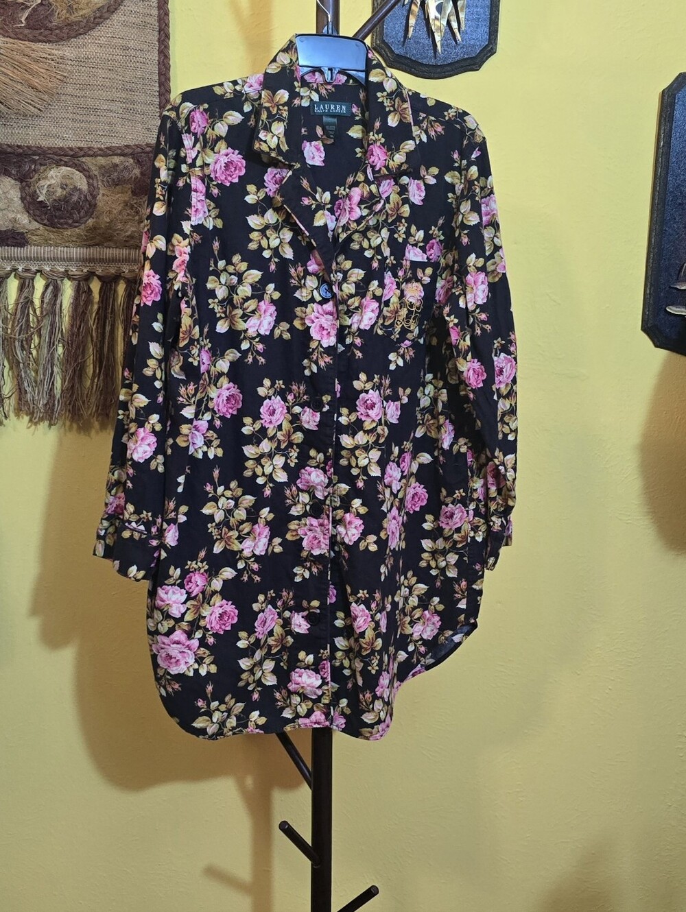 Lauren Ralph Lauren Floral Button-Front Nightgown in Black with Pink Roses Sz XL